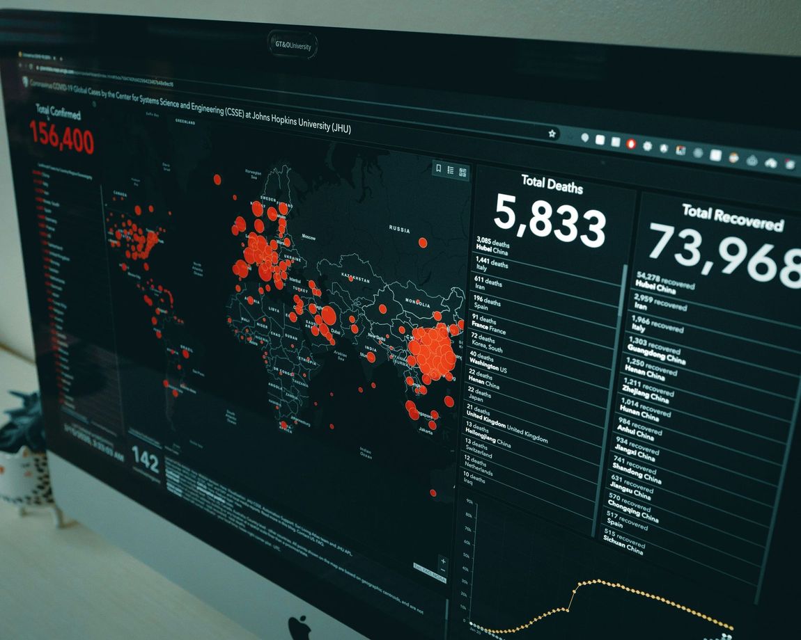 Analytics picture of a computer screen with map and numerical values, 