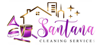 The logo for santana cleaning services is purple and gold.