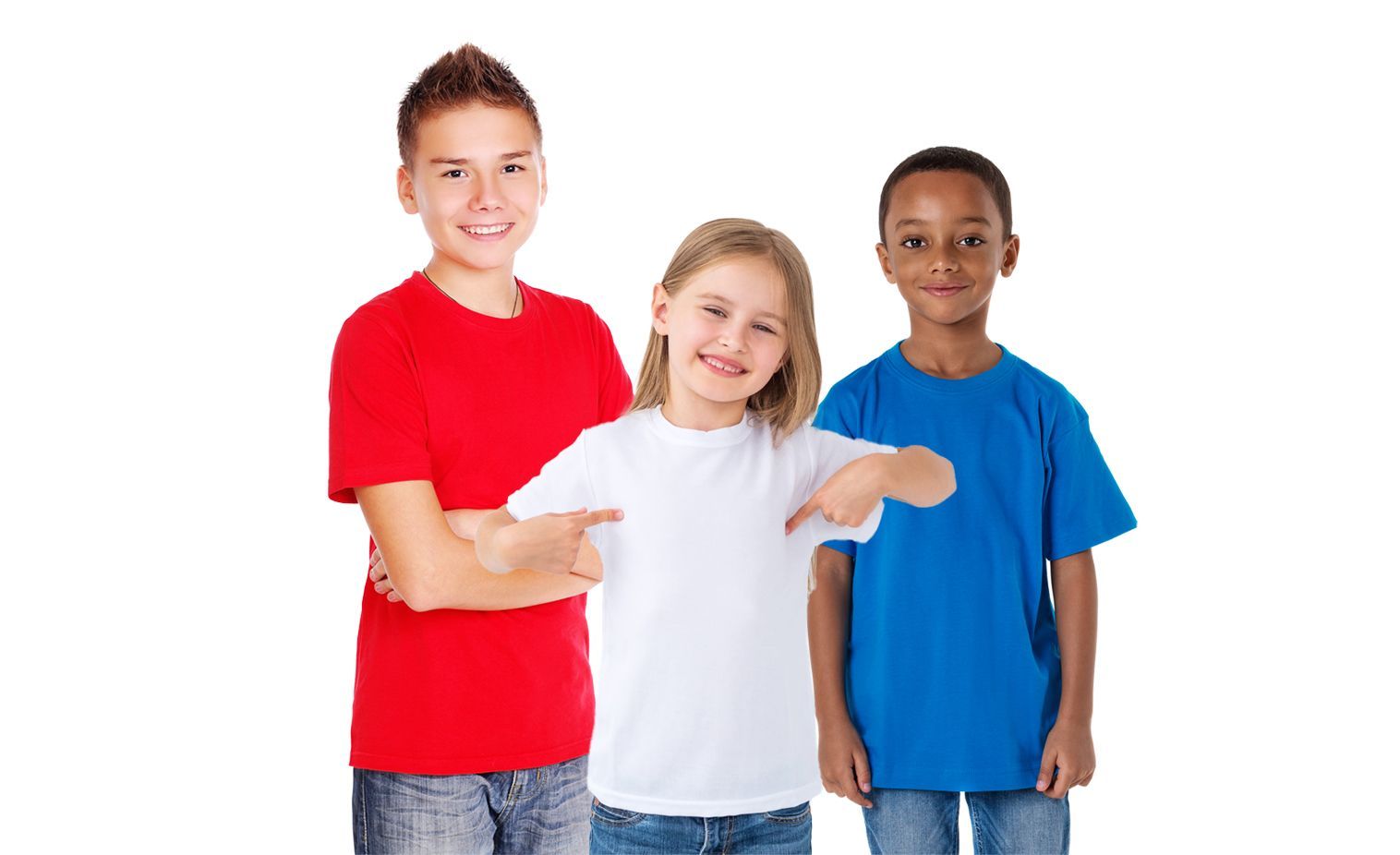 Kids wearing red, white, and blue t-shirts