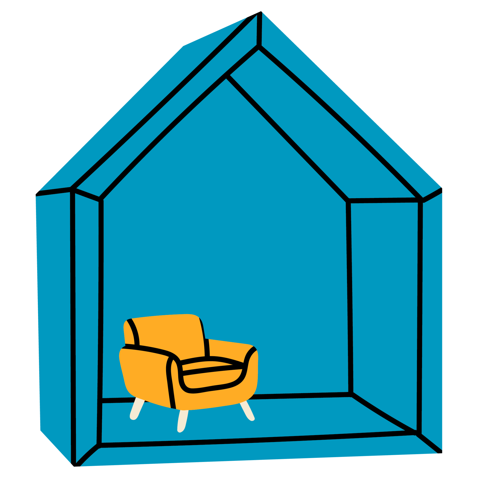 Toy House with Yellow Sofa. Childhood, children games, preschool activities concept. Hand drawn Vector.