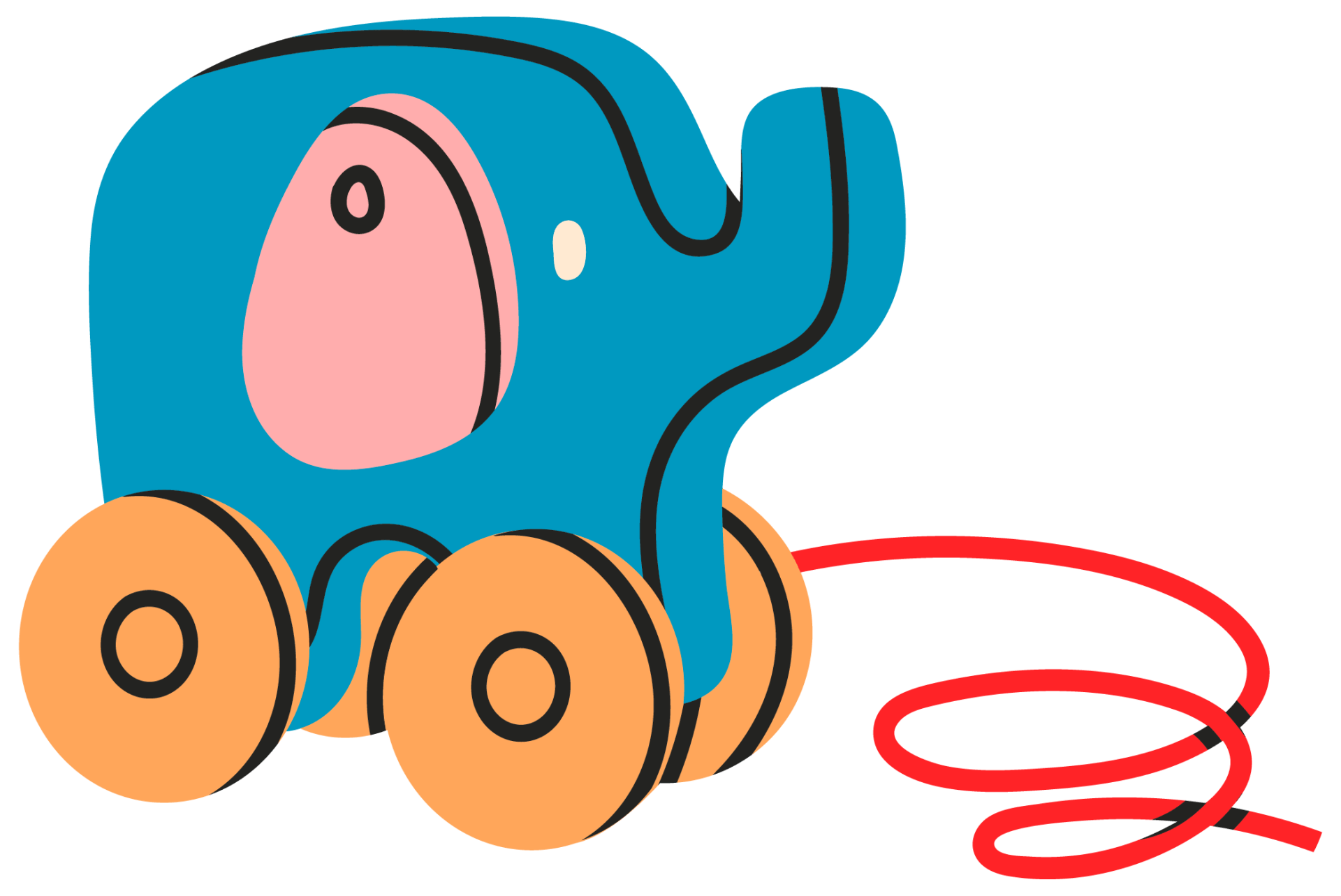 Blue and Yellow Toy Elephant with wheels. Childhood, children games, preschool activities concept. Hand drawn Vector.