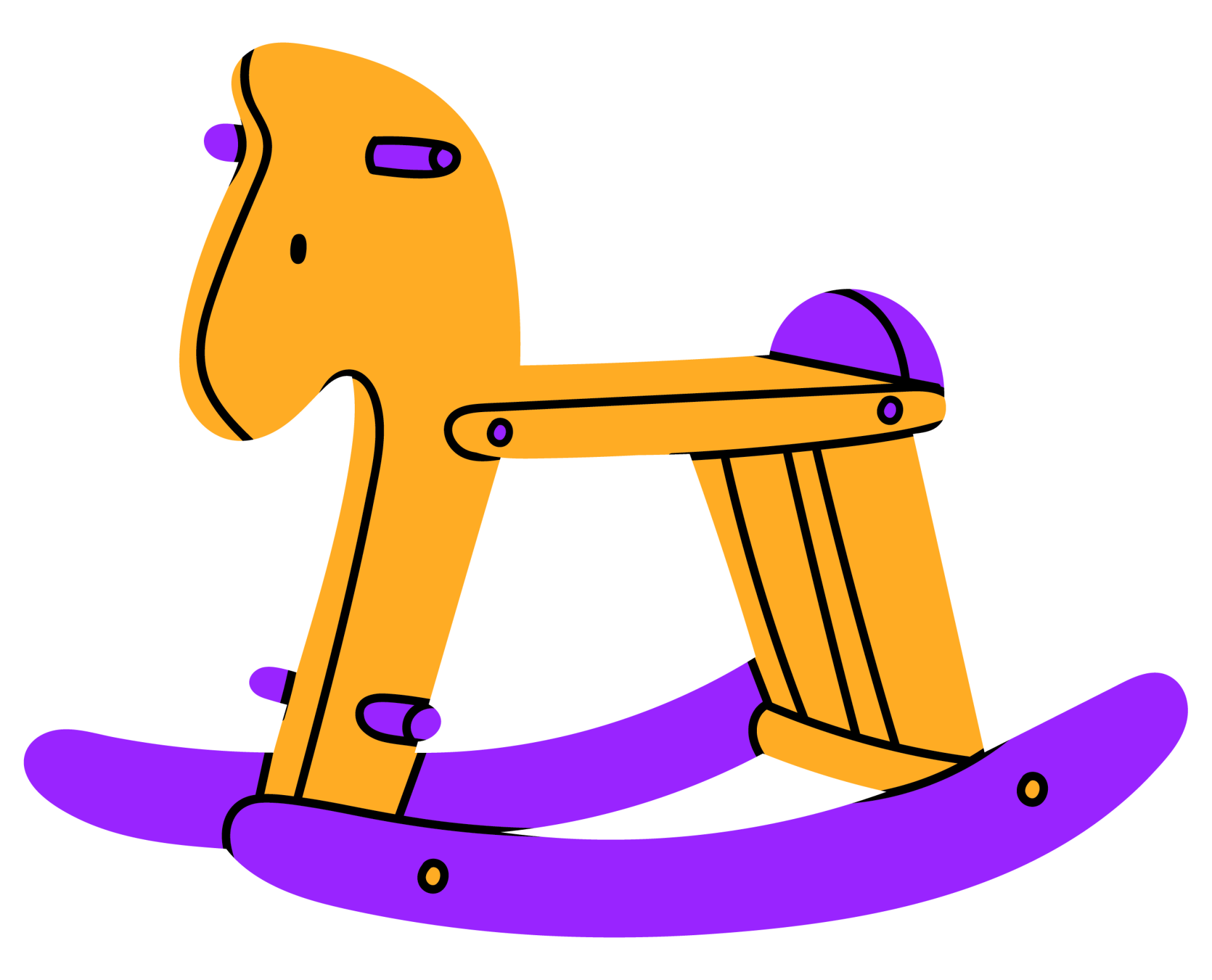 Yellow and Purple Rocking Horse. Childhood, children games, preschool activities concept. Hand drawn Vector.