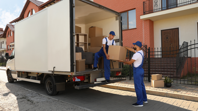 Two movers in blue overalls loading boxes into a white moving truck parked in front of a house.