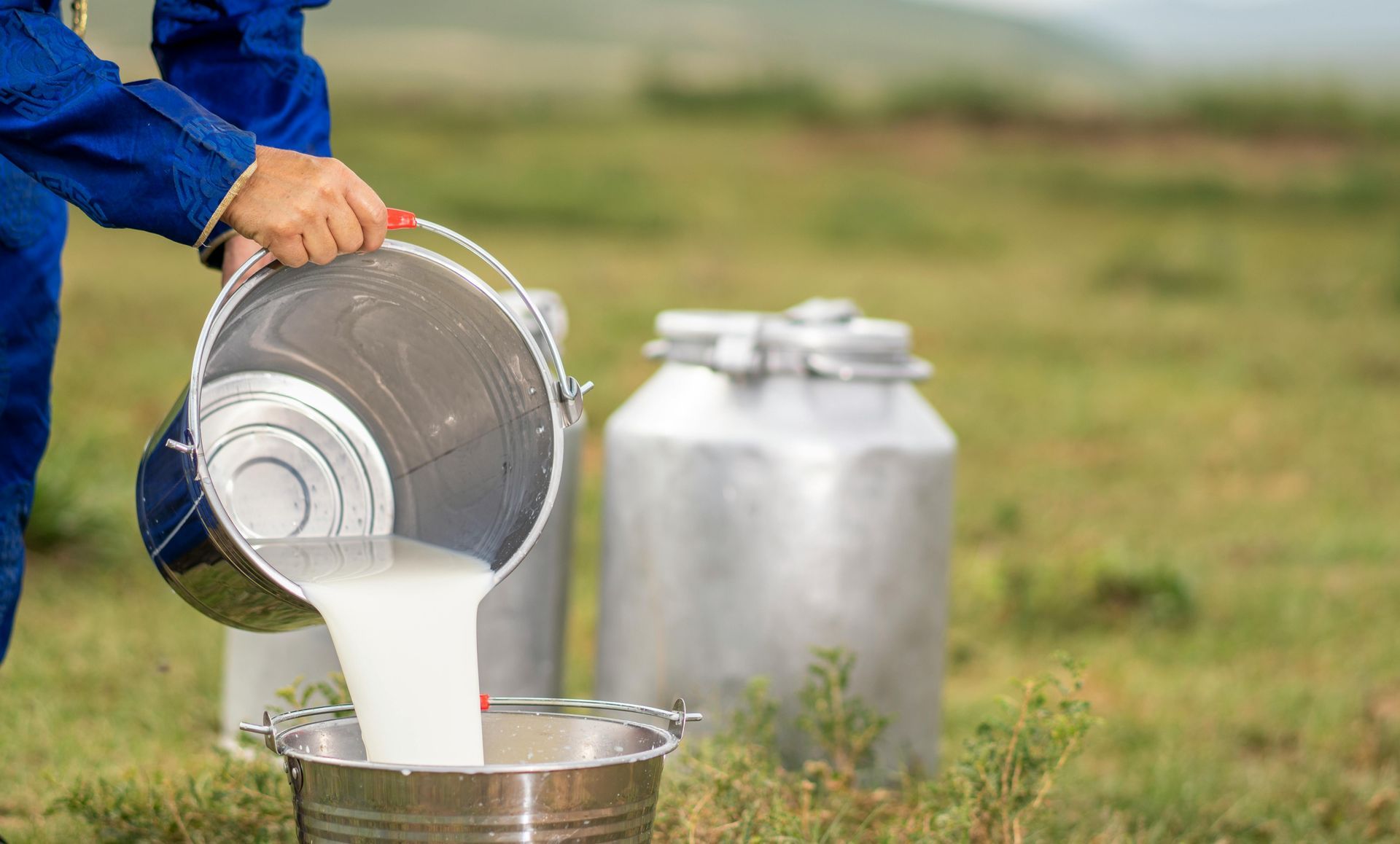 Person pouring milk from a bucket into another bucket outdoors, near a large metal container.