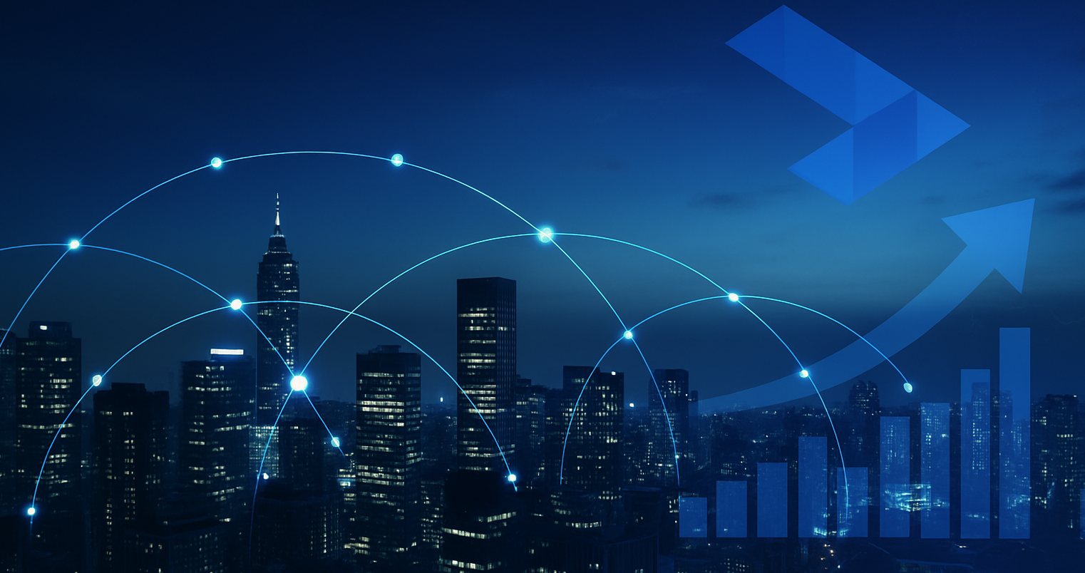 A city skyline at night with a graph and arrows in the background.