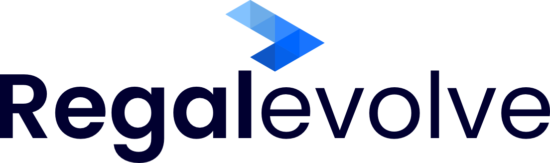 A logo for regalevolve with a blue arrow on a white background.