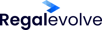 A logo for regalevolve with a blue arrow on a white background.