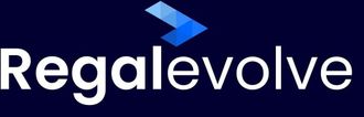 A blue and white logo for regalevolve with a blue arrow