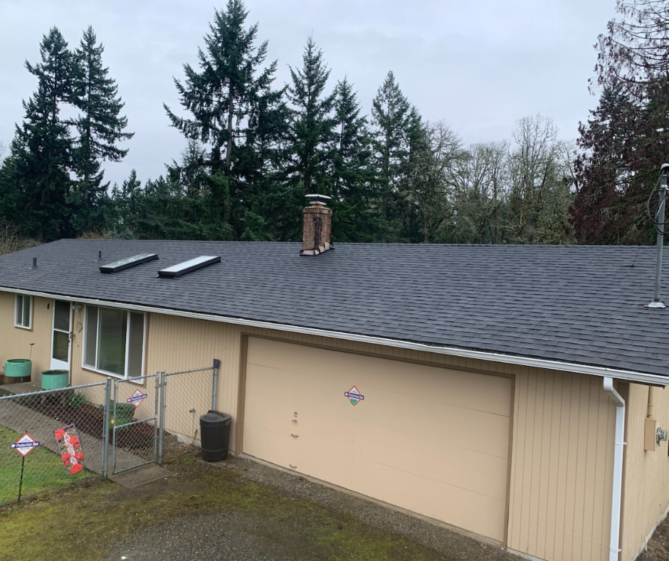 A house with a roof that has a chimney on it.