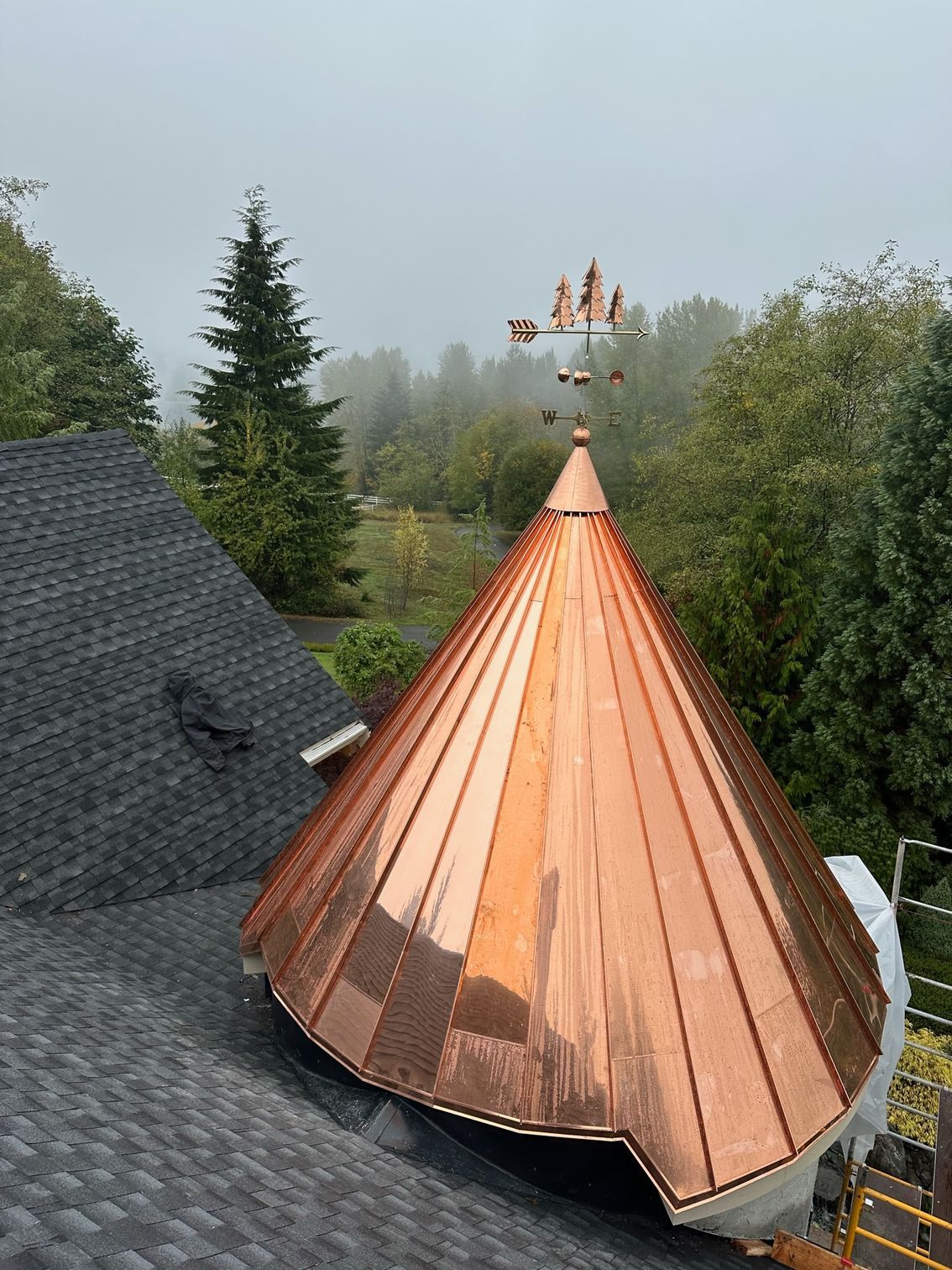 A copper roof with a weather vane on top of it.