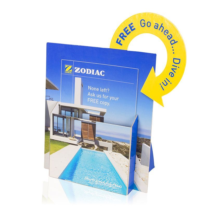 A brochure holder with a yellow arrow reading 
