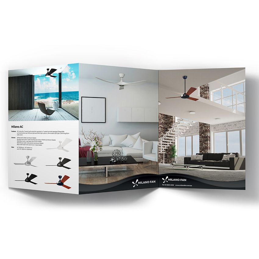 Brochure showcasing ceiling fans in different rooms, including living rooms and a beach view. 