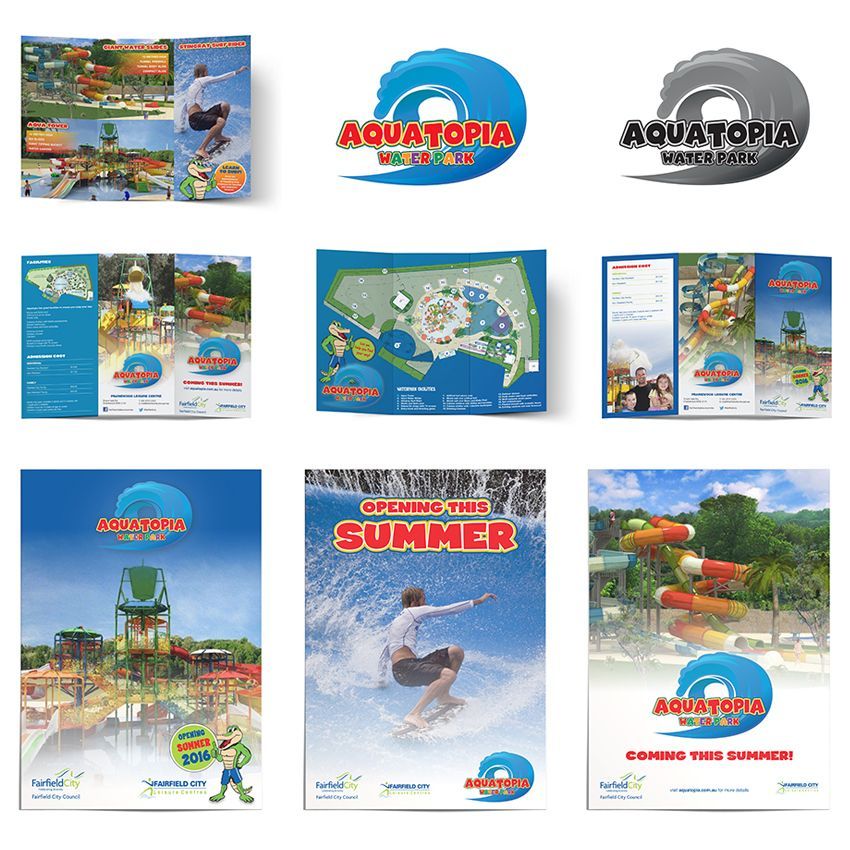 Promotional materials for Aquatopia, a water park.
