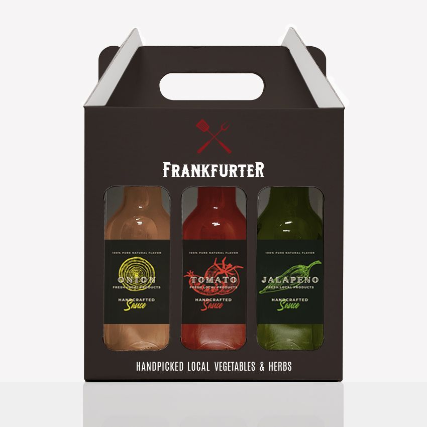Gift box with three Frankfurter gourmet sauces: onion, tomato, and jalapeño.