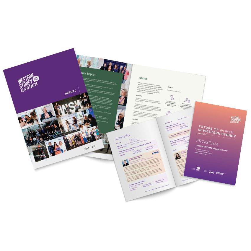 Printed documents including a purple brochure, open pages with people and text, and a pink/orange booklet.