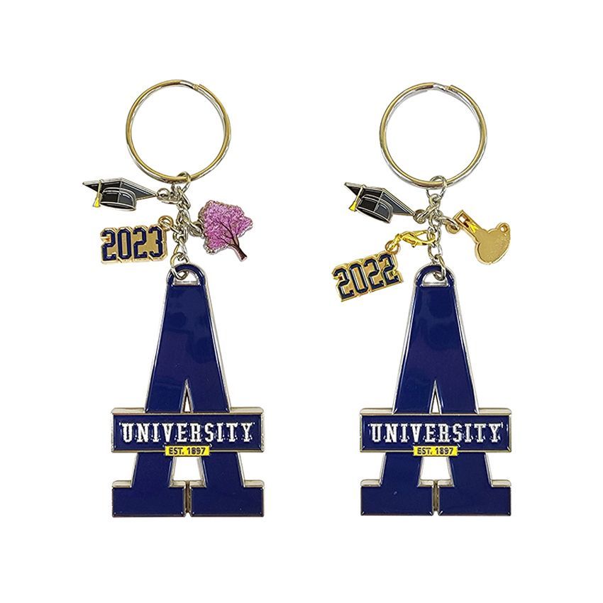 Two keychains shaped like a blue 