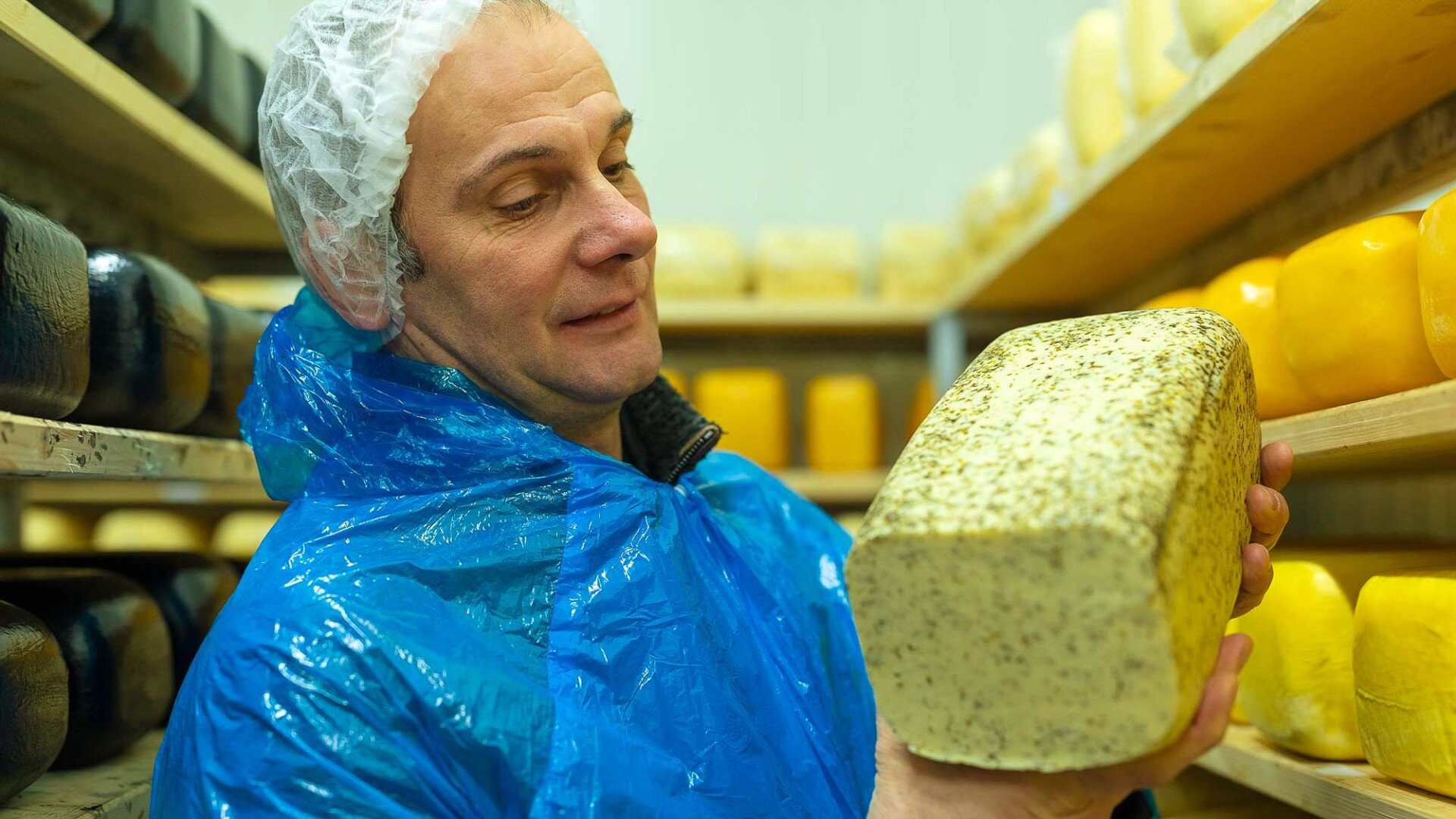 Ludger Engeln in der Hofkäserei mit einem Laib Bärlauchkäse.