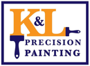Logo for K&L Precision Painting with blue lettering and paintbrush icons on a yellow K&L, framed by a blue border.