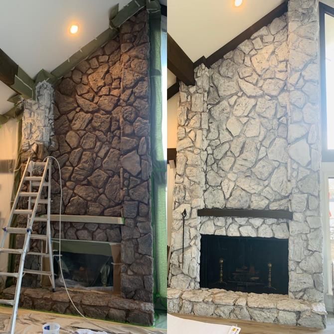 Before-and-after of a stone fireplace. Left: dark stone, ladder. Right: lighter stone, updated look.