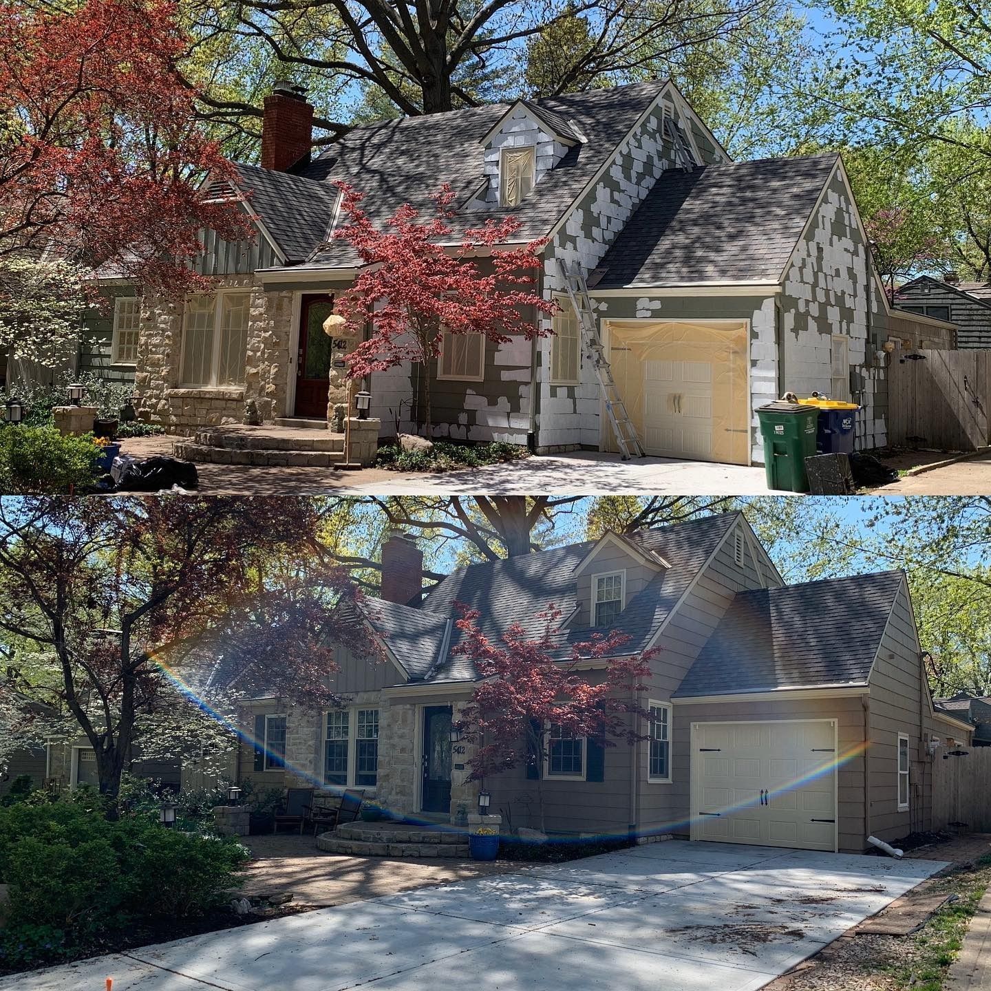 Before-and-after of a house: dilapidated exterior replaced with new siding and garage door, surrounded by trees.