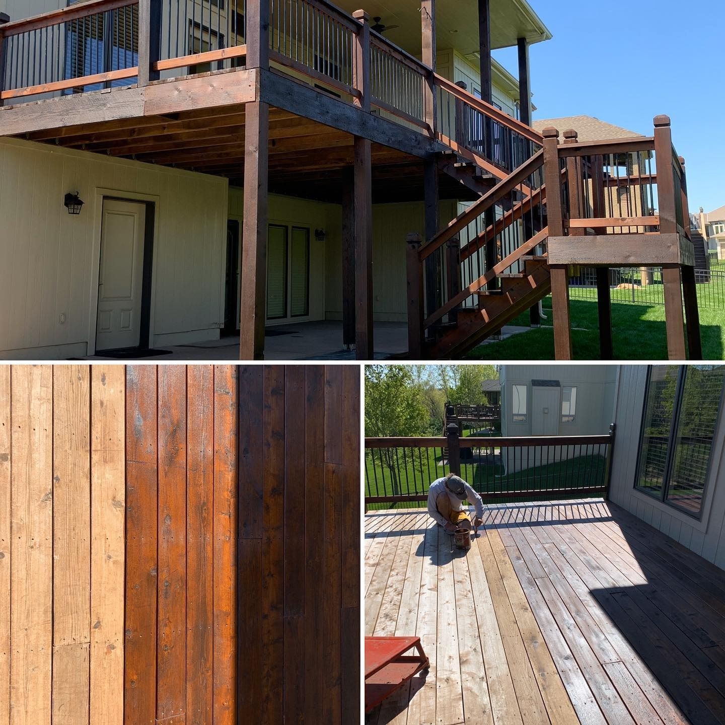 A two-story wooden deck being stained. Boards before and after staining are shown. A person is working.