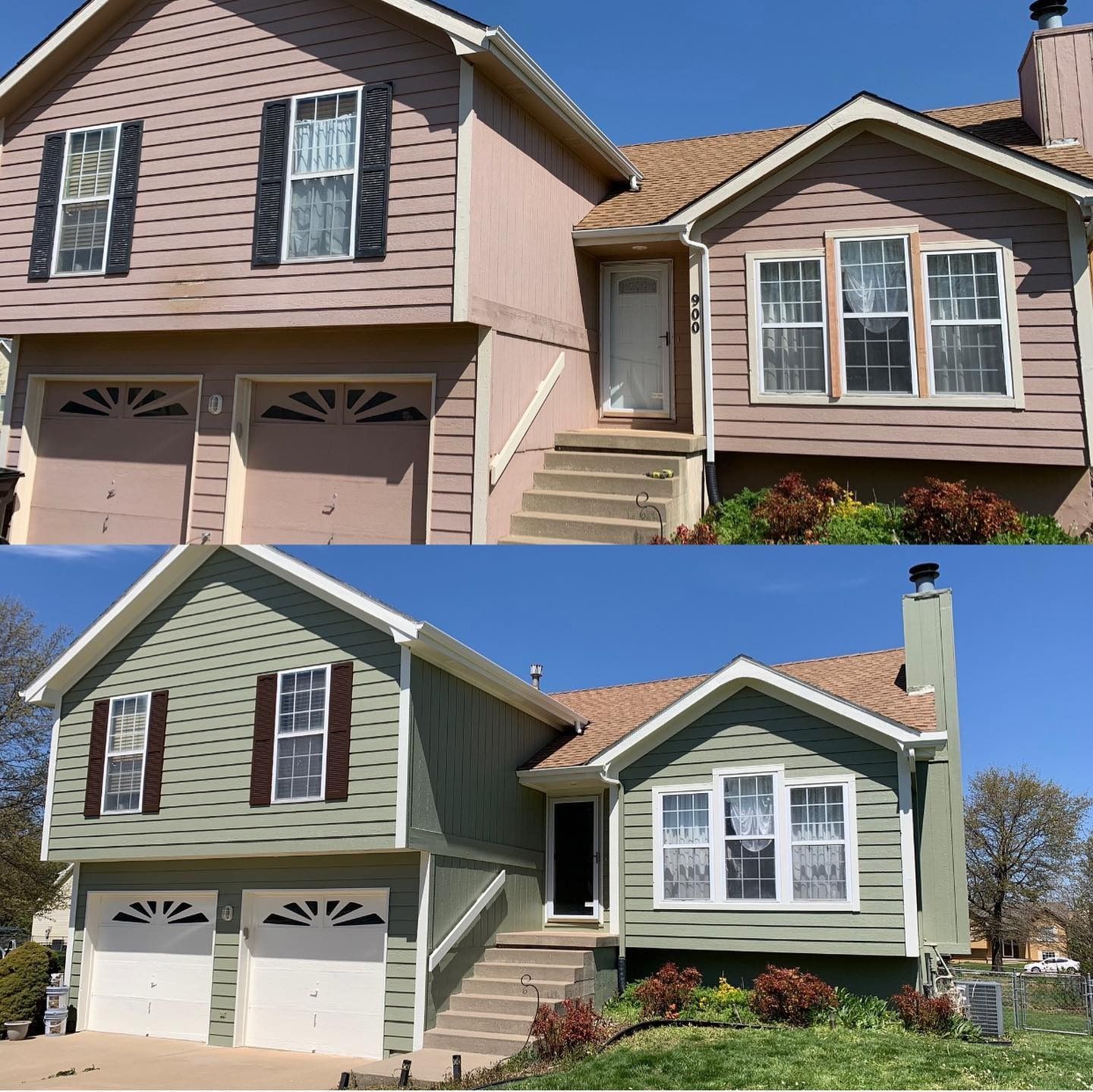 Before and after photo of a house with pink siding changing to green siding, with white trim.