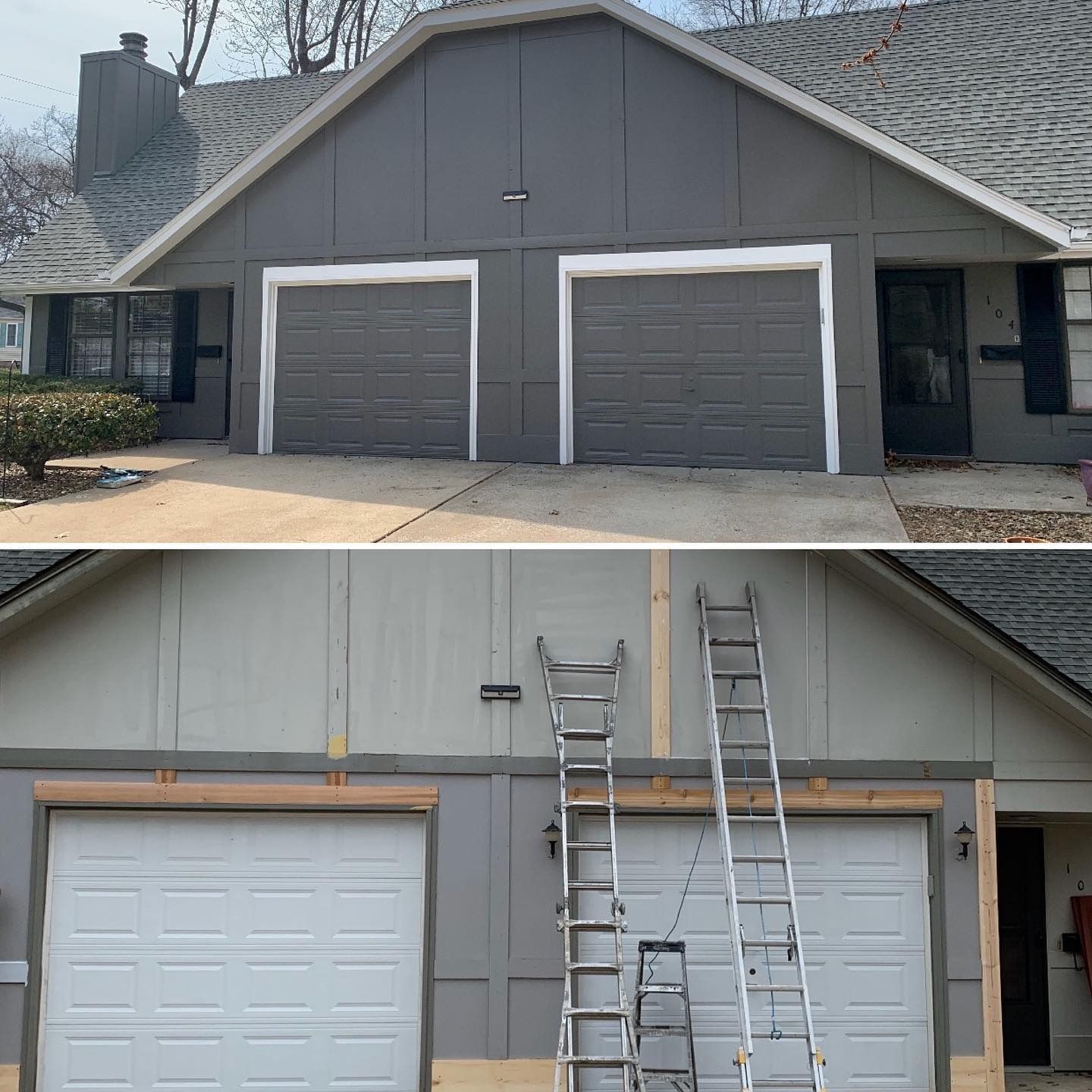 Two images: top shows gray house with gray garage doors; bottom shows garage door being worked on with ladders.