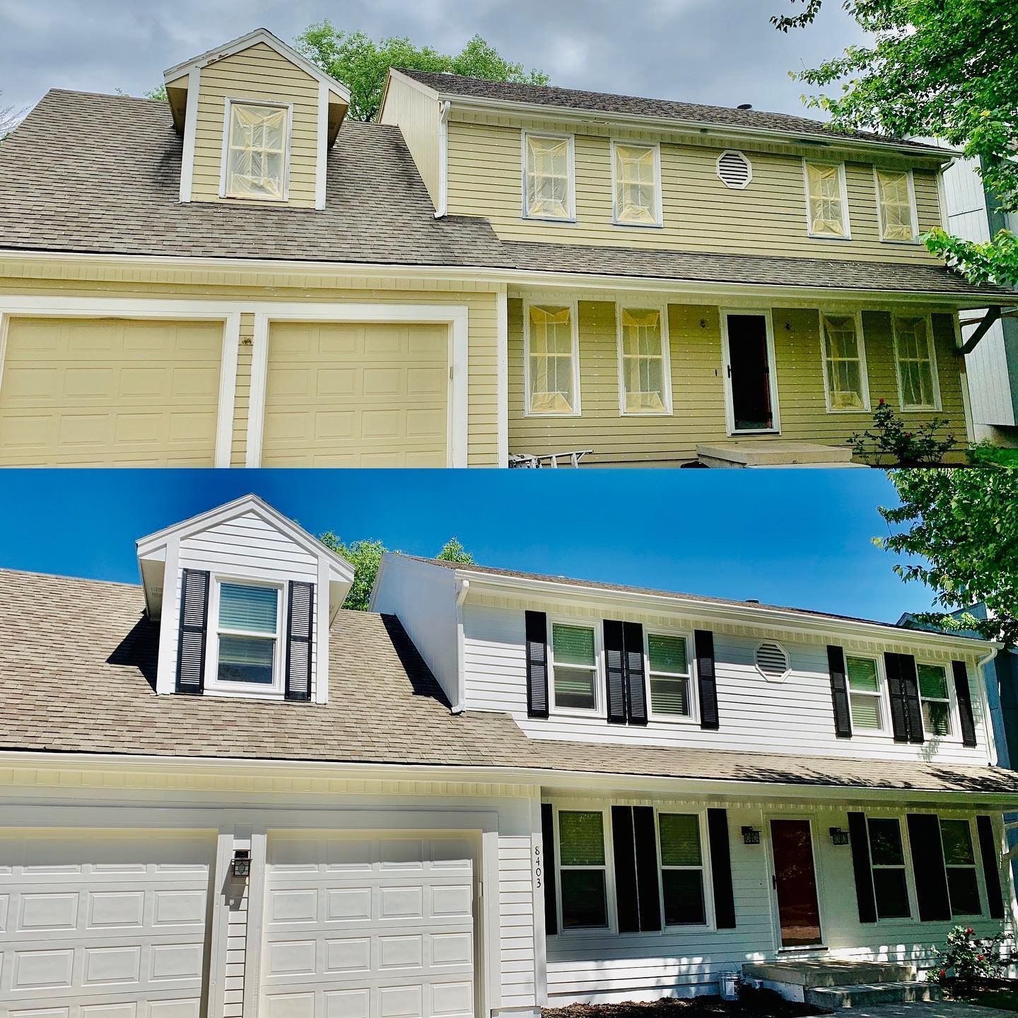 Before and after exterior house renovation: beige to white, black shutters, new garage doors.