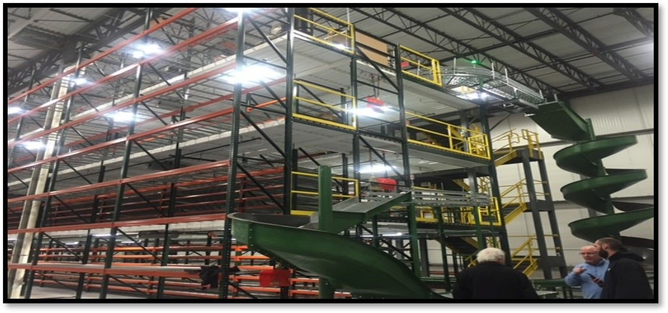 Warehouse interior with shelving, conveyor systems, and a spiral slide. People are standing below.