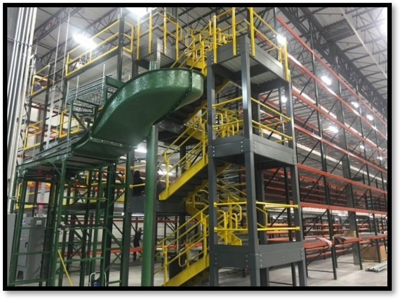 Warehouse interior with elevated platforms, stairs, and conveyor. Green and yellow safety rails. Gray shelving in background.