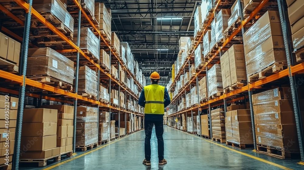 Warehouse worker in a yellow safety vest and hard hat using a scanner and tablet, surrounded by boxes.