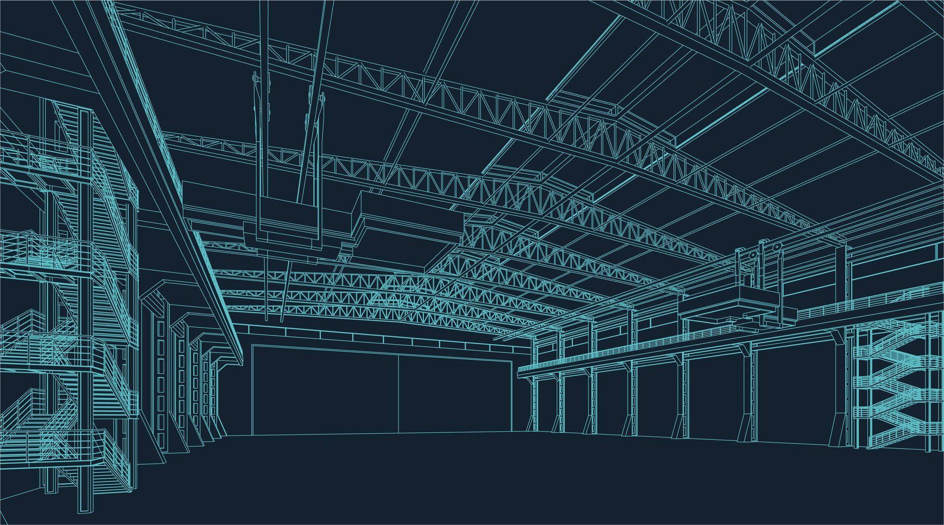 Blue-lined architectural rendering of a warehouse interior with structural beams and columns against a dark background.