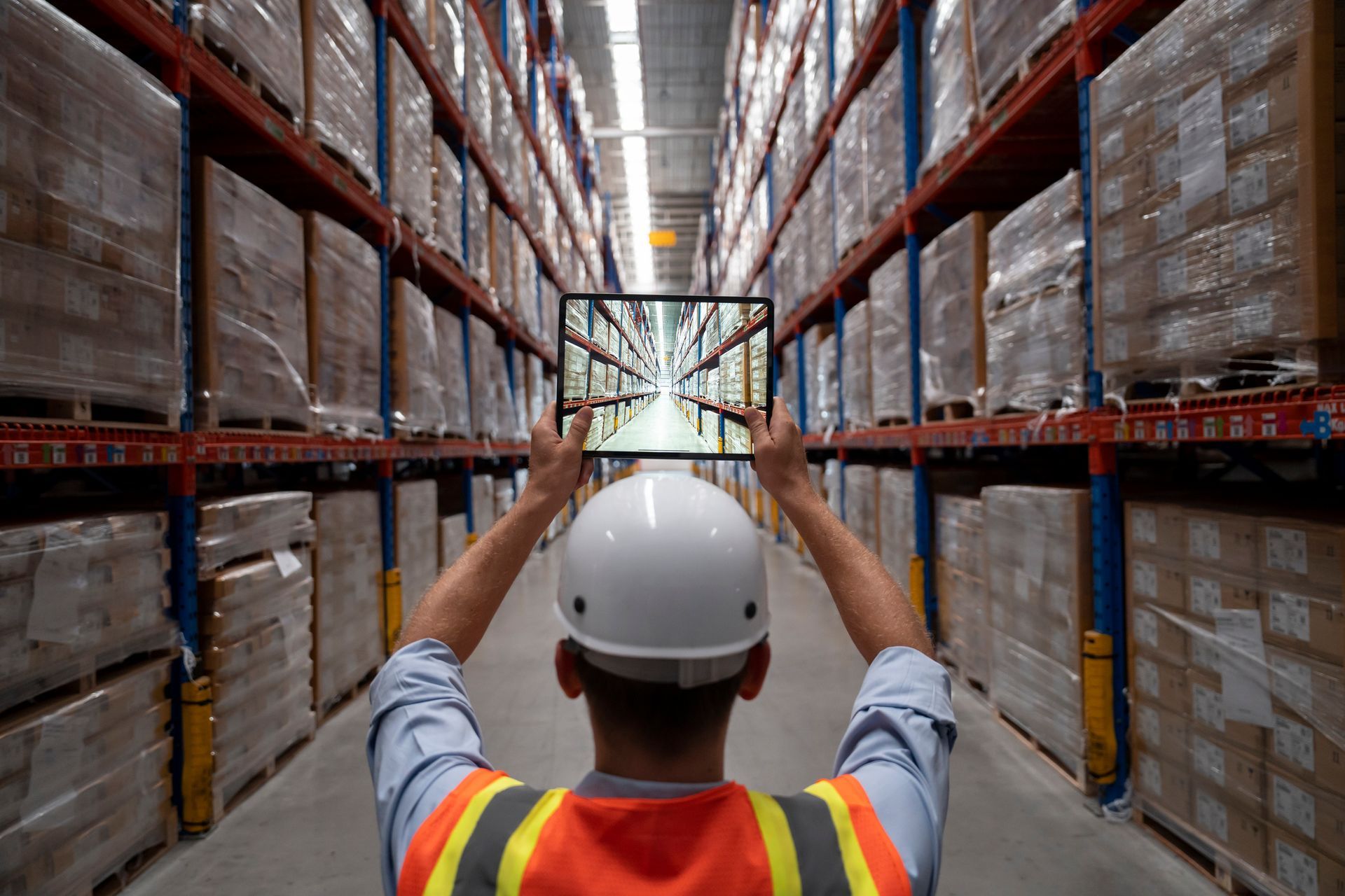 Warehouse worker wearing safety gear holding tablet, viewing rows of stocked shelves.