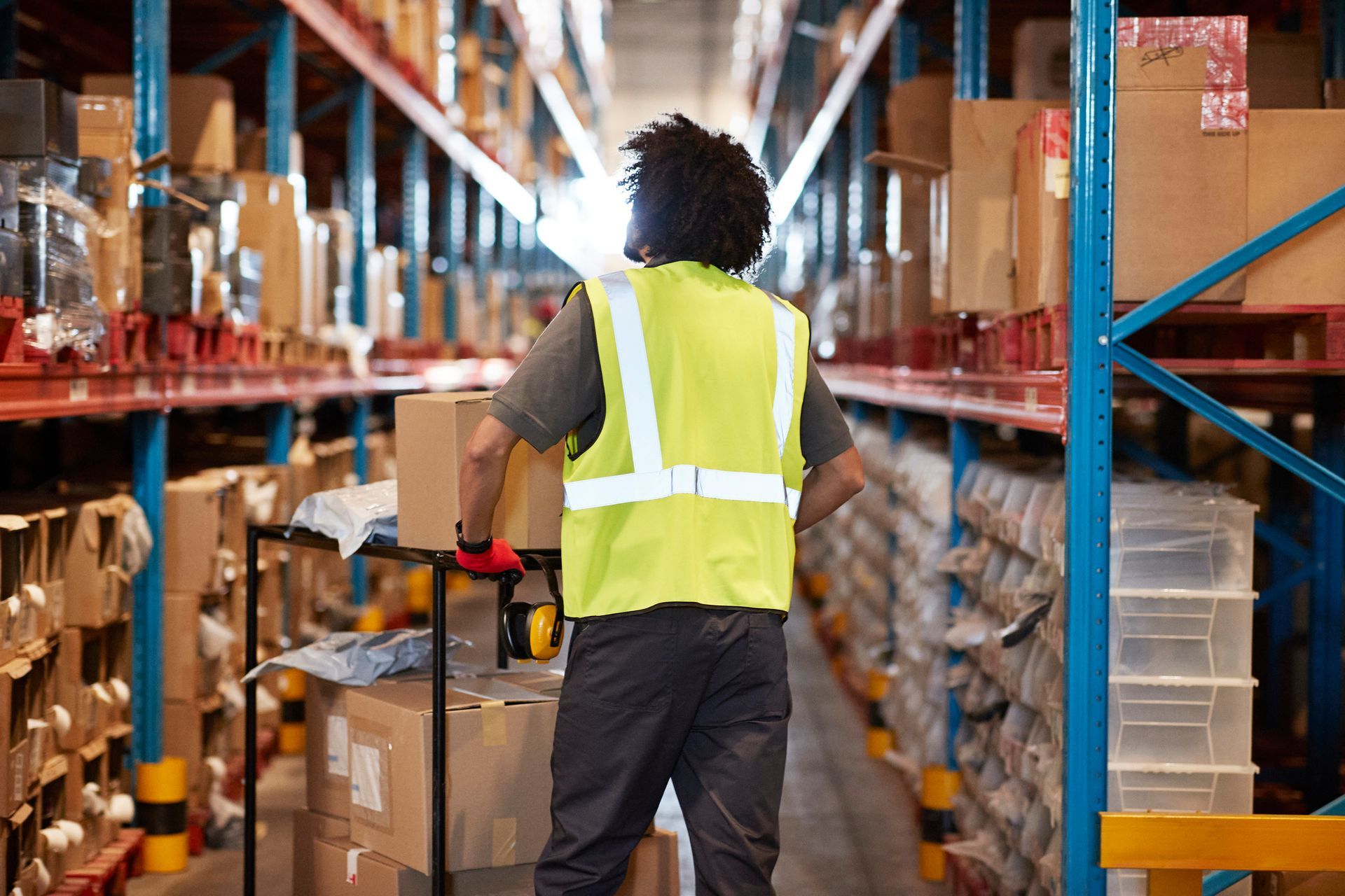 Warehouse worker in a yellow safety vest pushing a cart of boxes between shelves filled with inventory.