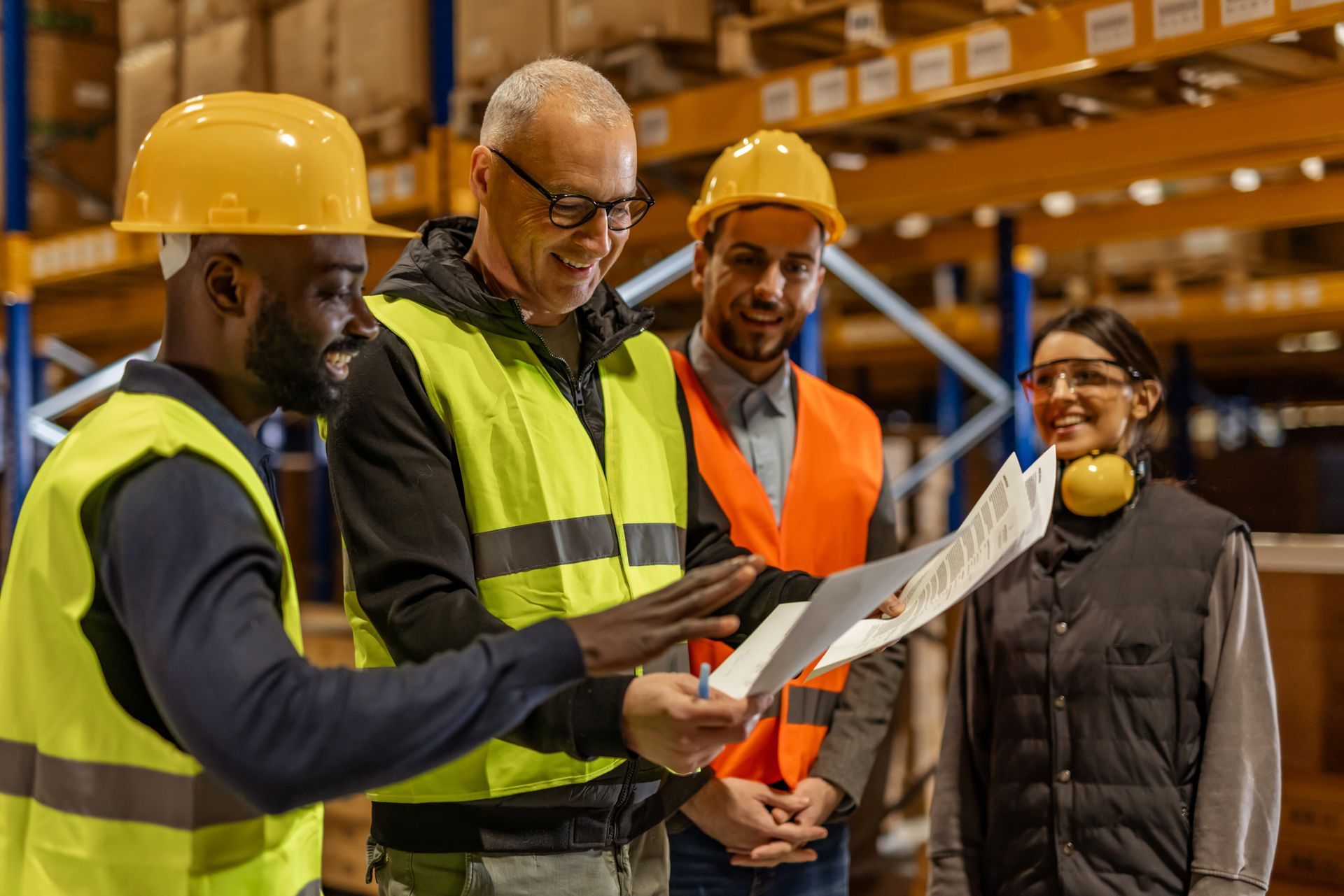 Four people in safety gear review documents in a warehouse, smiling and pointing.