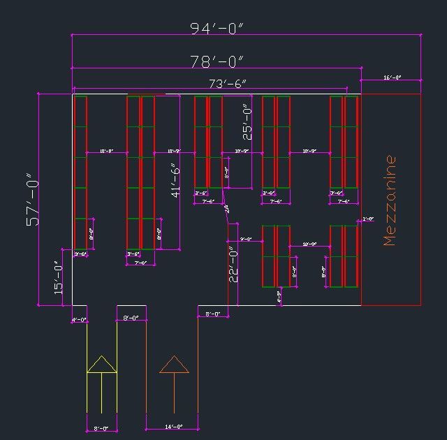 Floor plan of a warehouse with dimensions labeled; shows shelving, loading docks, and a mezzanine. Floor plan of a warehouse with dimensions labeled; shows shelving, loading docks, and a mezzanine.