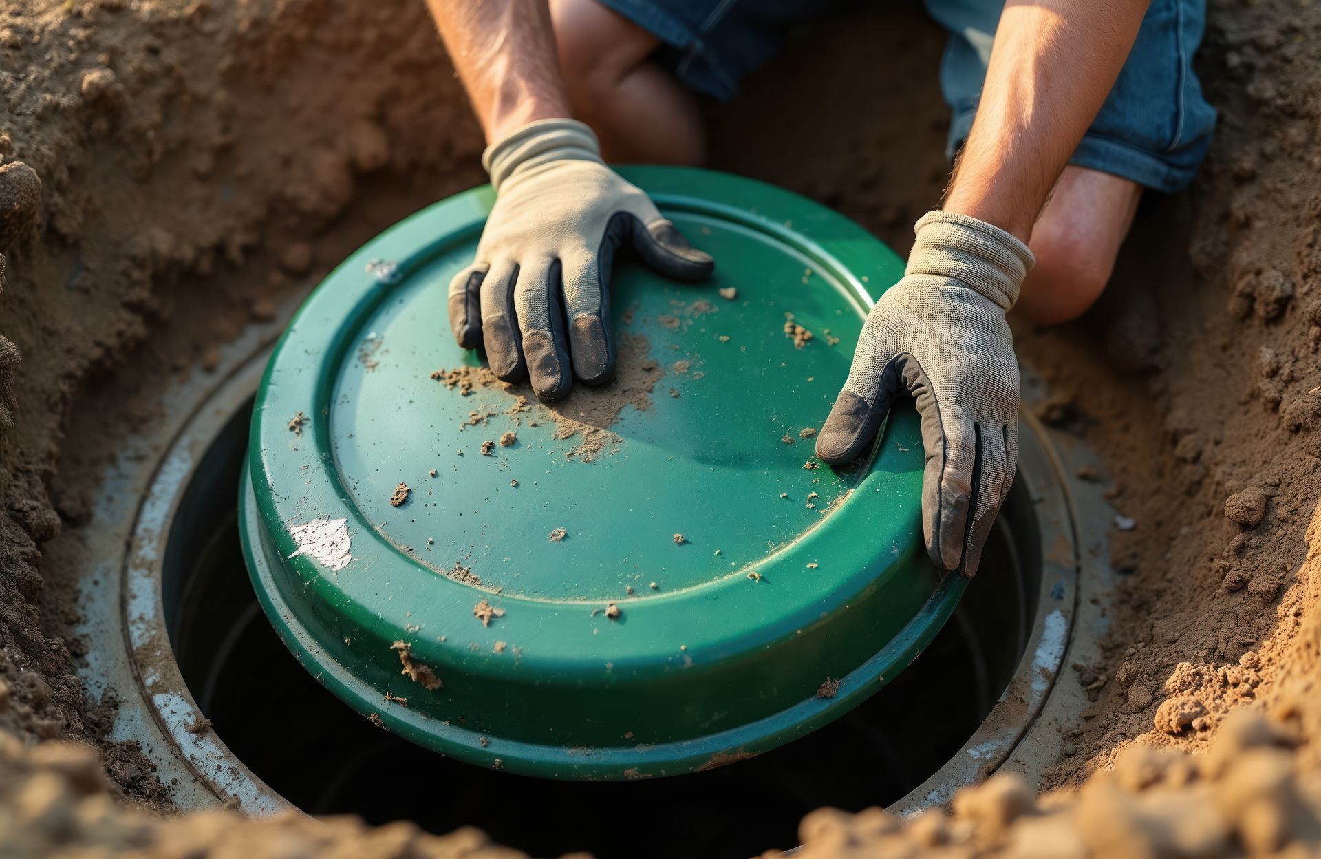 Person wearing gloves placing a green lid on an underground container.
