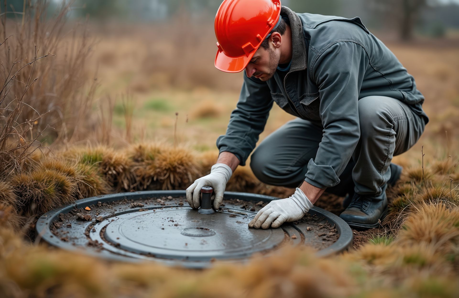 Worker in safety gear inspecting a large round metal cover outdoors.