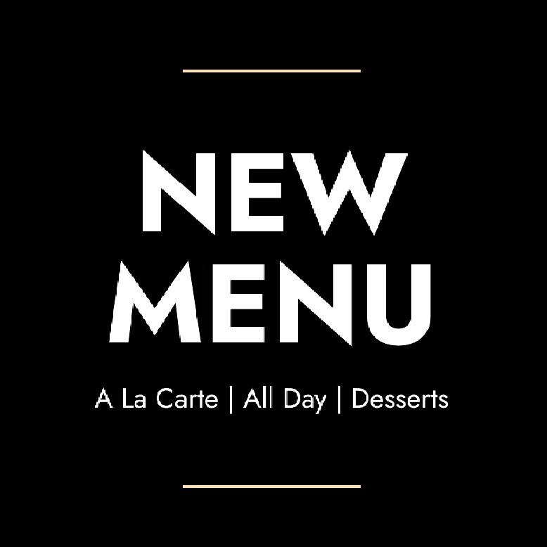 black and white square graphic with words saying new menu