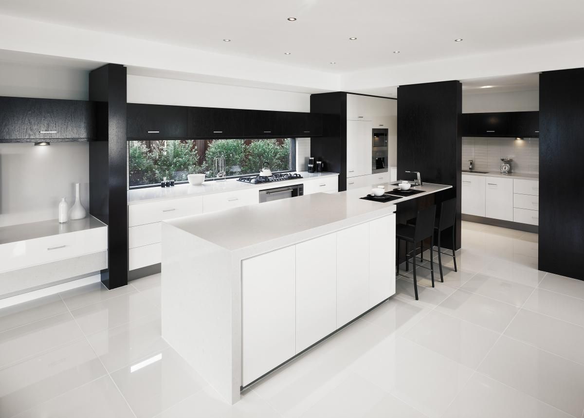 A Black and White Kitchen With a Large Island in the Middle — Stone Effects In Forest Glen, QLD