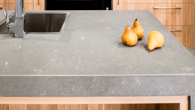 A Kitchen Counter With a Sink and Two Pears on It — Stone Effects In Forest Glen, QLD