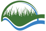 A green and blue logo with a leaf and grass on it
