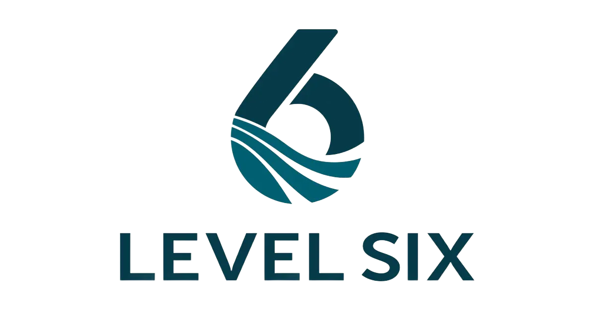 Logo for Level Six, featuring a stylized number six in teal with wave details.