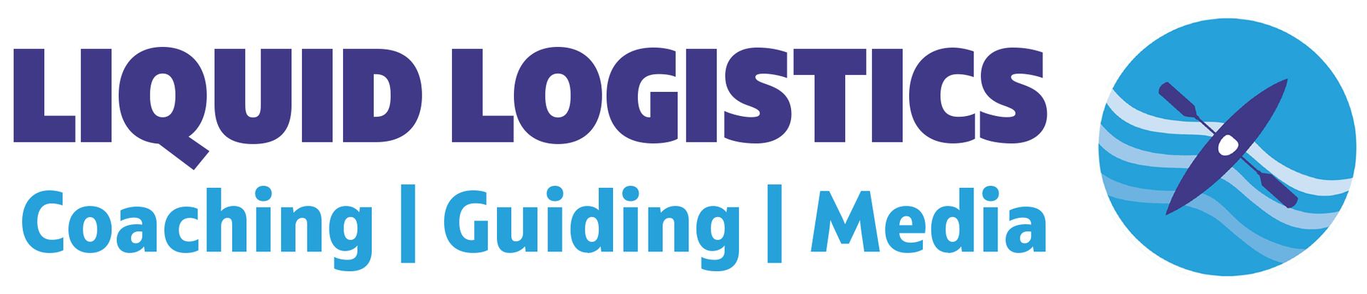 Liquid Logistics logo with text and a blue circle with a kayak on water. Coaching, Guiding, Media.
