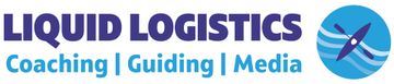 Liquid Logistics logo with text and a blue circle with a kayak on water. Coaching, Guiding, Media.