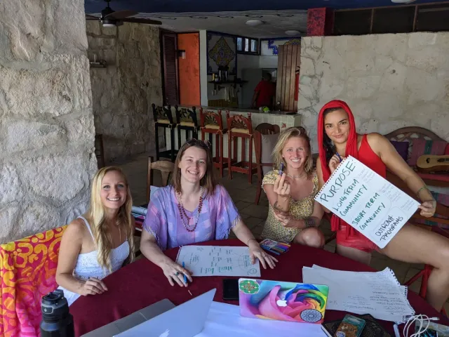 A group of women are sitting around a table holding signs.