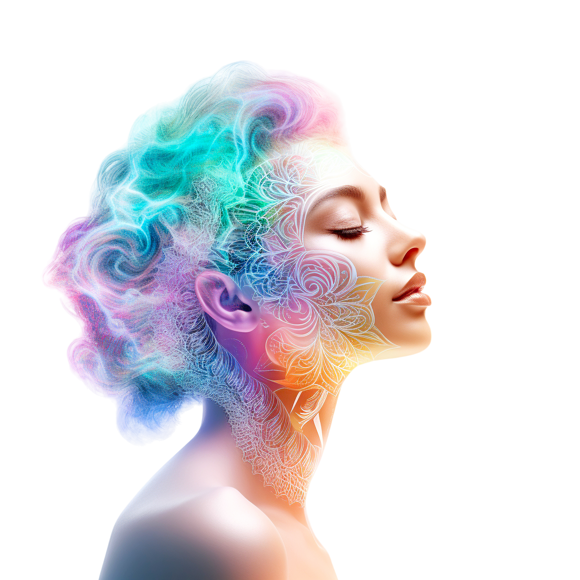 A woman with colorful hair is looking down with her eyes closed.