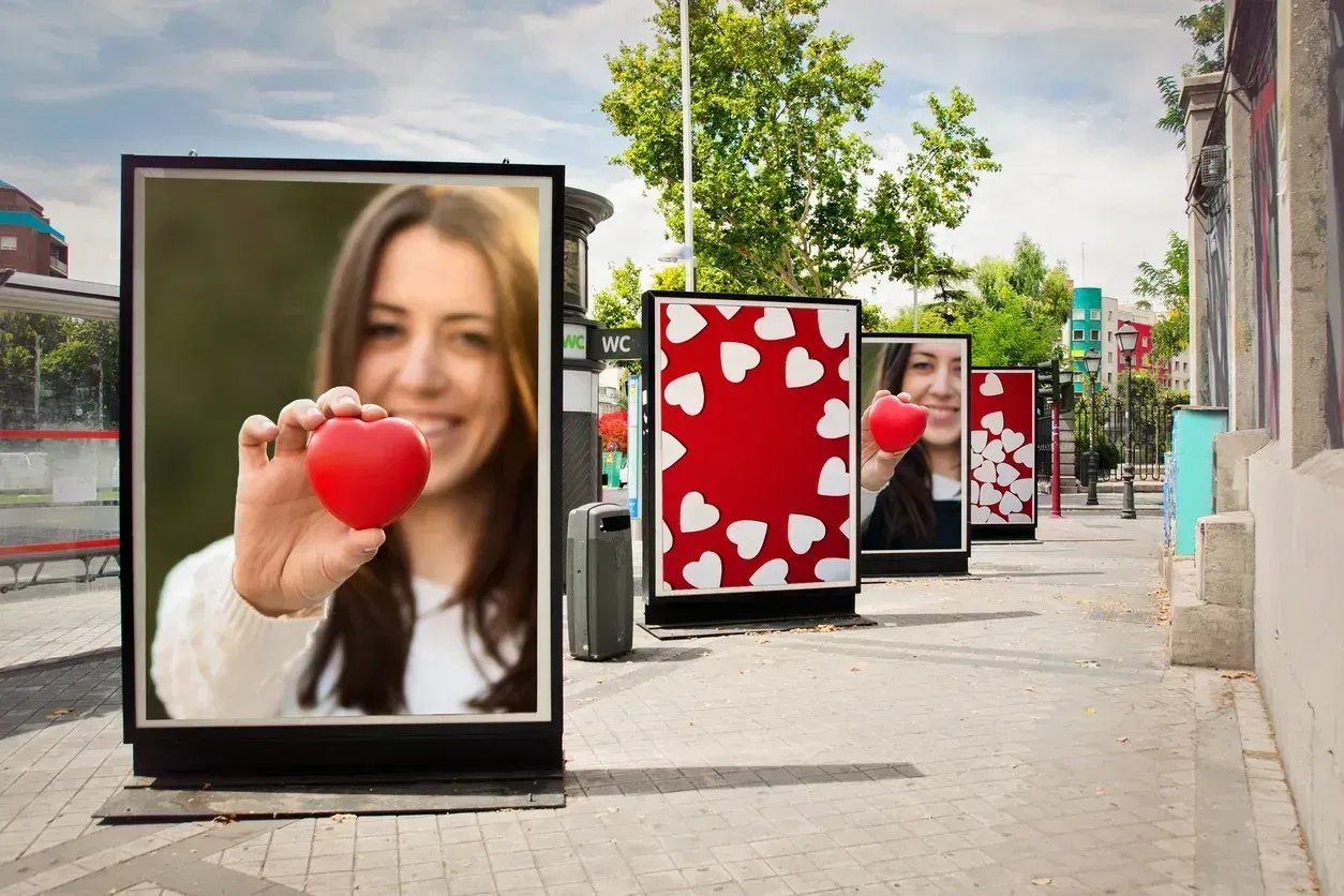 Billboard display with a woman holding a heart, on a city street. Other billboards with hearts.