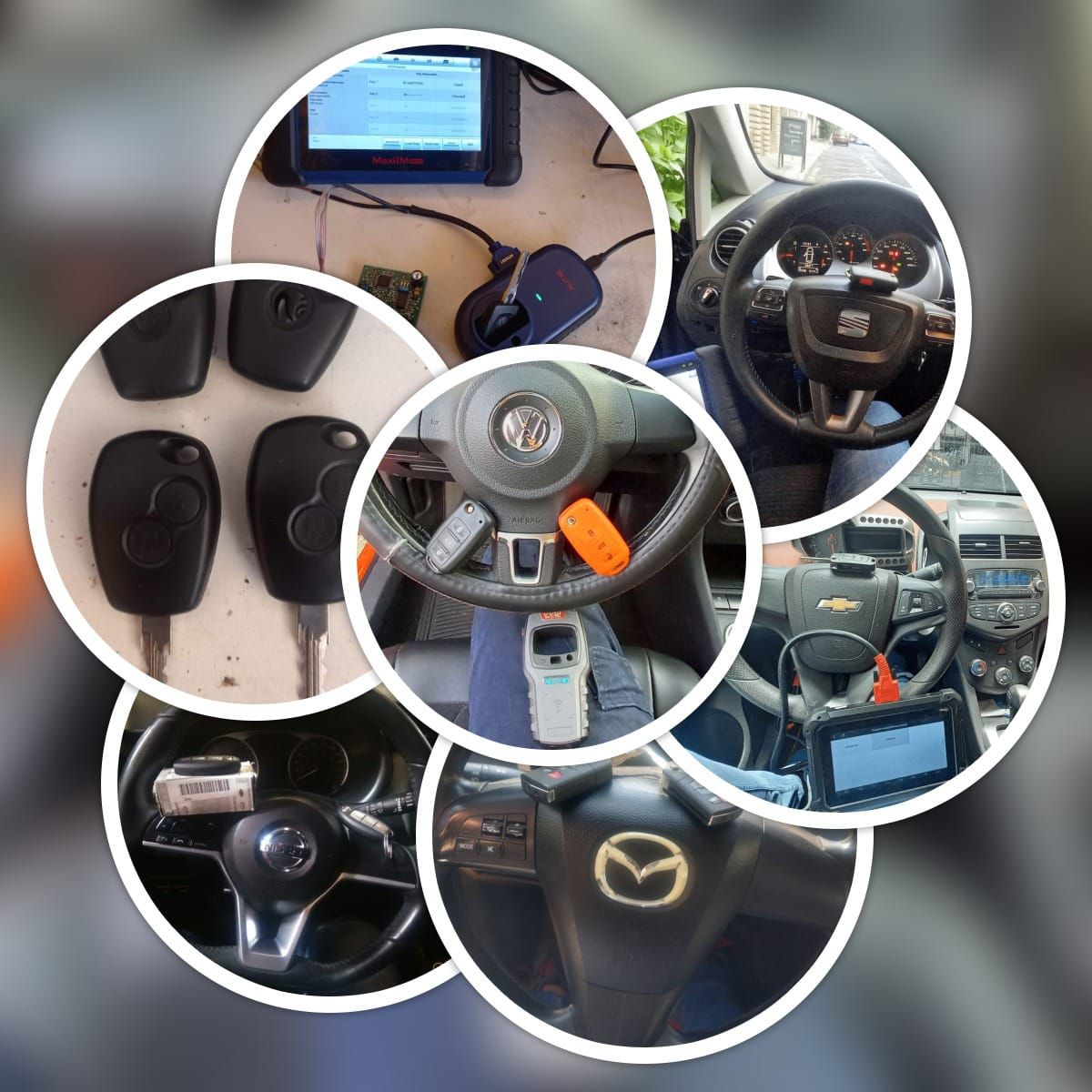 Un collage de imágenes de volantes y llaves.