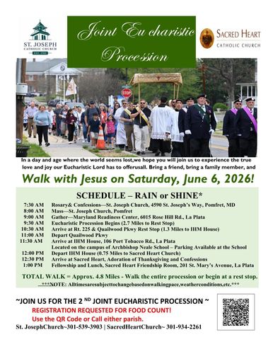 Walk with Jesus!
Join Father Stokes & Father Scott 
 on June 6th for our 2nd annual
Eucharistic Procession

Please see the flyer below for details. 
Use the QR Code or Click on the
"Walk with Jesus" button to register.
